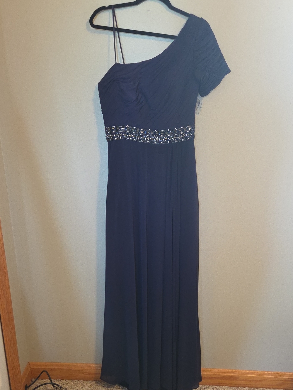 VM Collection Navy One-Shoulder Evening Dress with Beaded Waist